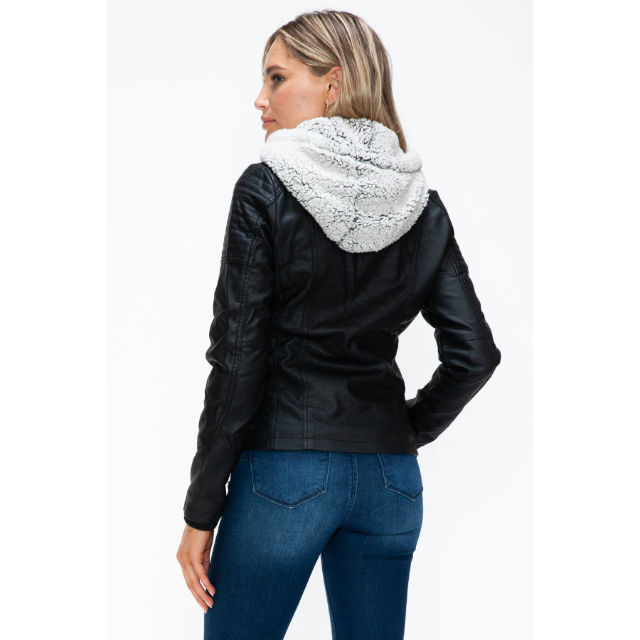 YMI Removable Faux Layered Multi-Pocket Jacket with Fuzzy Hood Apparel and Accessories