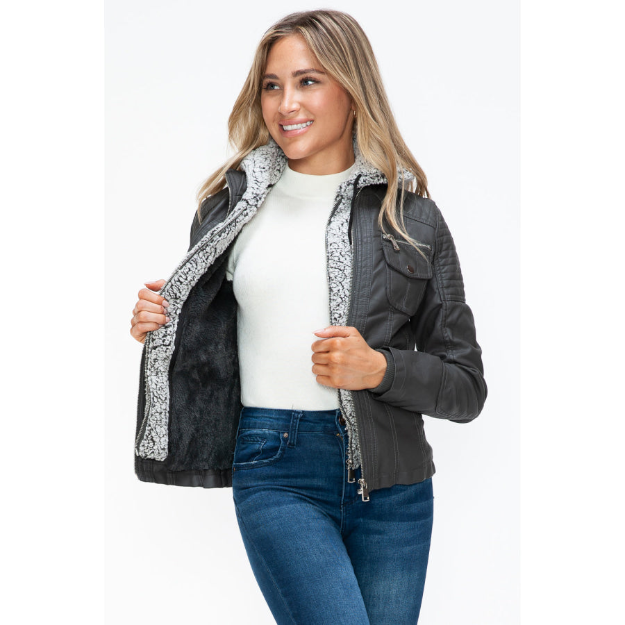 YMI Removable Faux Layered Multi-Pocket Jacket with Fuzzy Hood Apparel and Accessories