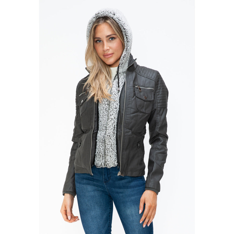 YMI Removable Faux Layered Multi-Pocket Jacket with Fuzzy Hood Apparel and Accessories