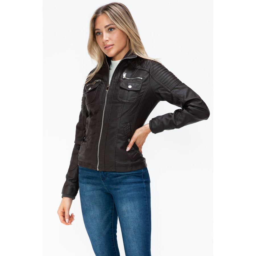 YMI Removable Faux Layered Multi-Pocket Jacket with Fuzzy Hood Apparel and Accessories