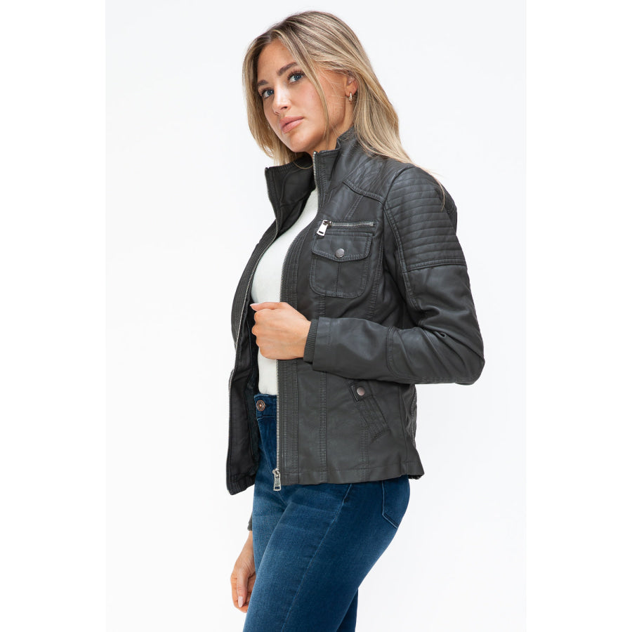 YMI Removable Faux Layered Multi-Pocket Jacket with Fuzzy Hood Apparel and Accessories