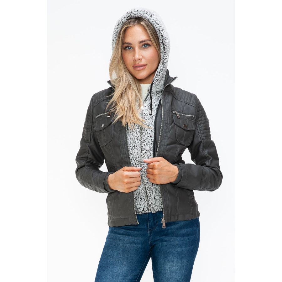 YMI Removable Faux Layered Multi-Pocket Jacket with Fuzzy Hood Apparel and Accessories