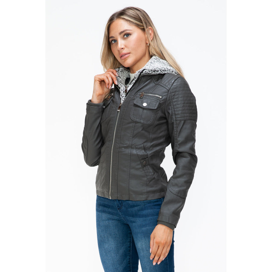 YMI Removable Faux Layered Multi-Pocket Jacket with Fuzzy Hood Apparel and Accessories