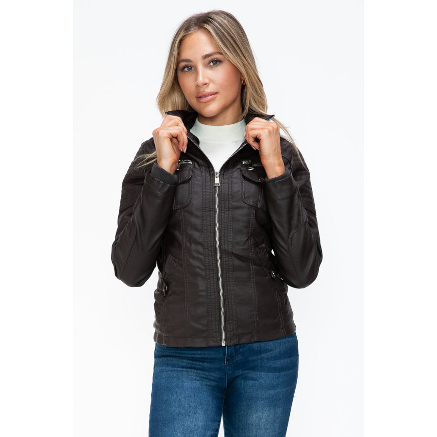 YMI Removable Faux Layered Multi-Pocket Jacket with Fuzzy Hood Apparel and Accessories