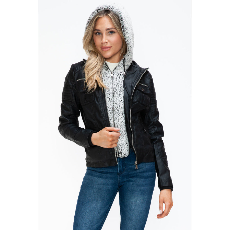 YMI Removable Faux Layered Multi-Pocket Jacket with Fuzzy Hood Apparel and Accessories