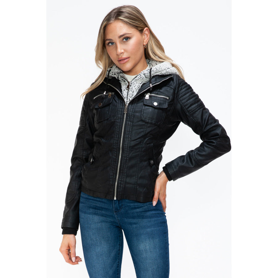 YMI Removable Faux Layered Multi-Pocket Jacket with Fuzzy Hood Apparel and Accessories