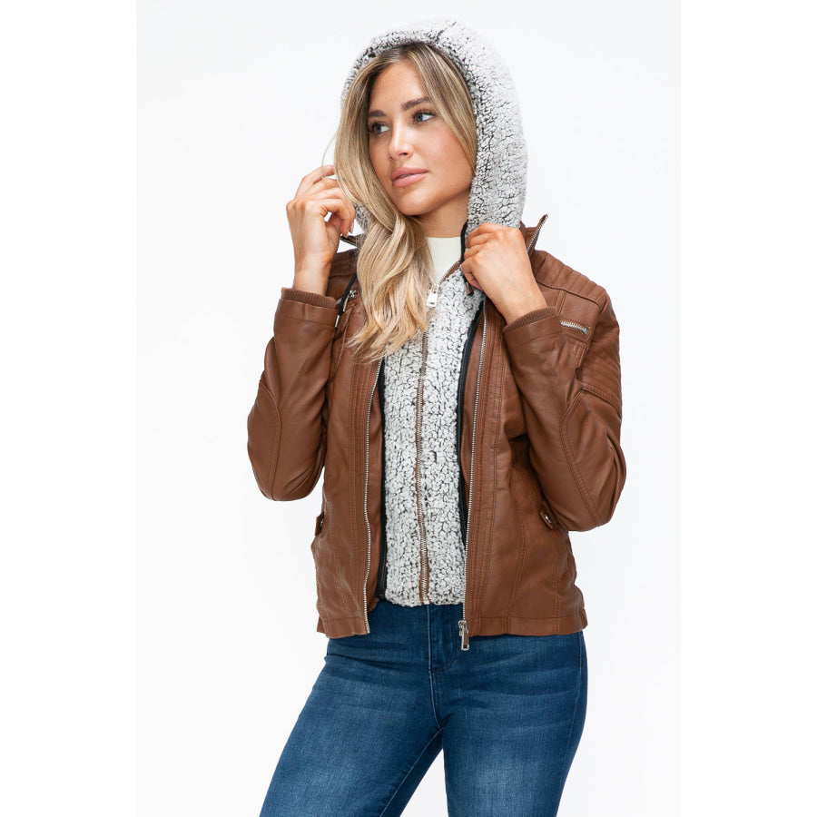 YMI Removable Faux Layered Multi-Pocket Jacket with Fuzzy Hood Apparel and Accessories