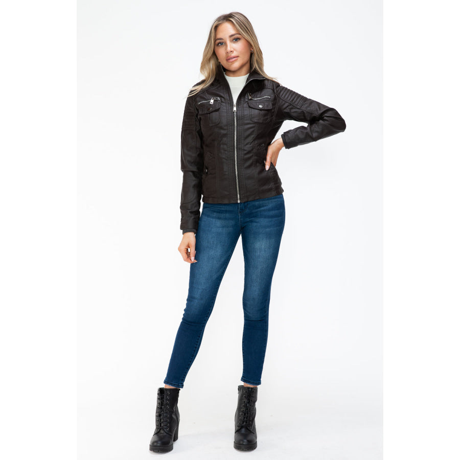 YMI Removable Faux Layered Multi-Pocket Jacket with Fuzzy Hood Apparel and Accessories