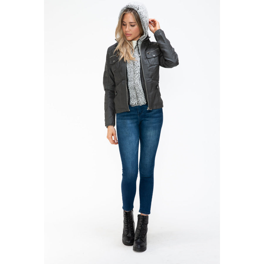 YMI Removable Faux Layered Multi-Pocket Jacket with Fuzzy Hood Apparel and Accessories