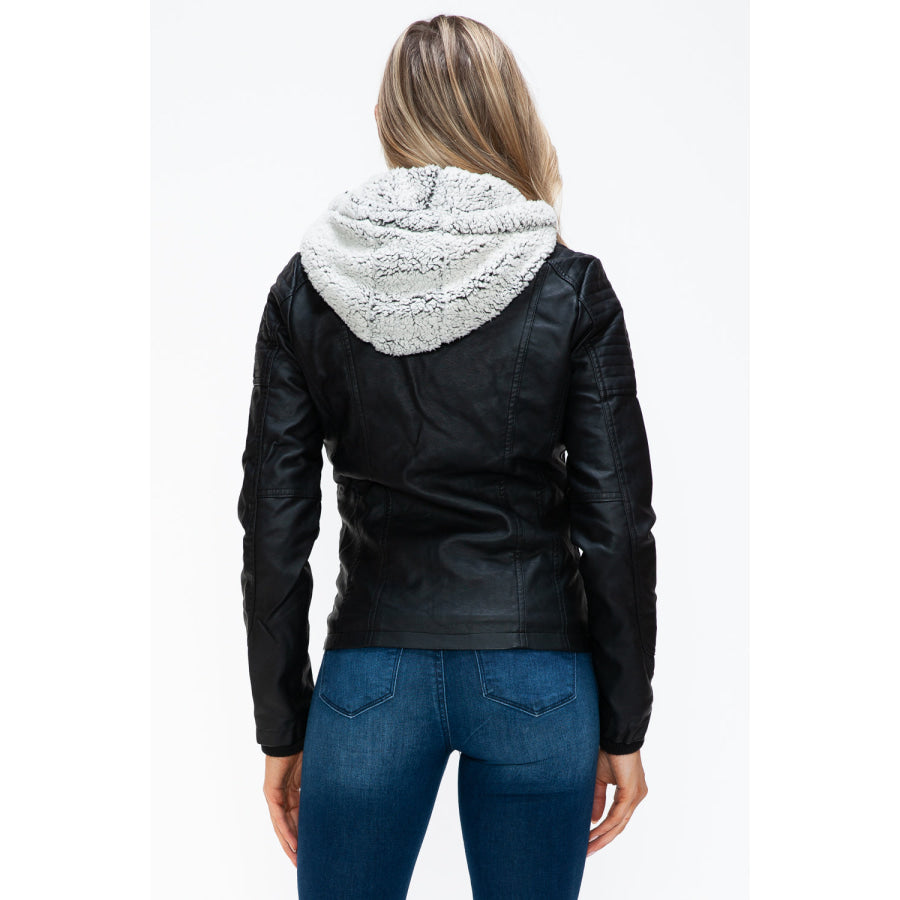 YMI Removable Faux Layered Multi-Pocket Jacket with Fuzzy Hood Apparel and Accessories