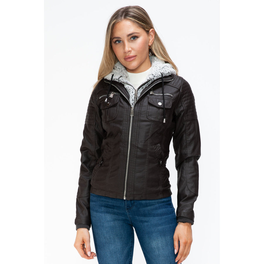 YMI Removable Faux Layered Multi-Pocket Jacket with Fuzzy Hood Chocolate / S Apparel and Accessories