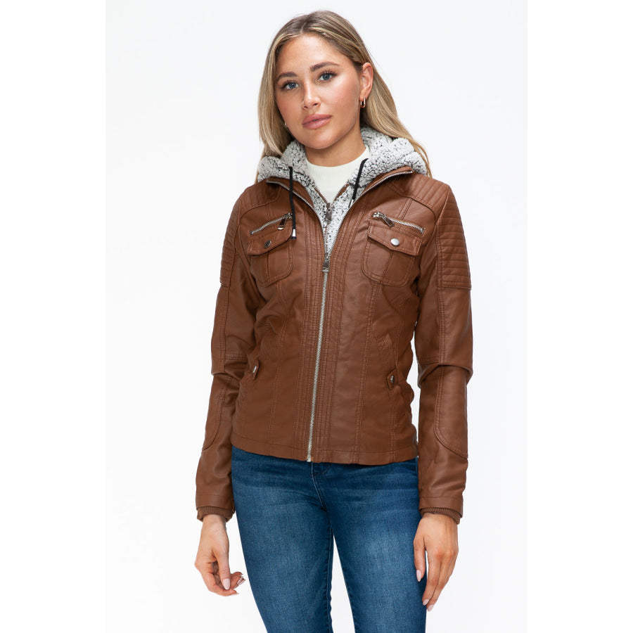 YMI Removable Faux Layered Multi-Pocket Jacket with Fuzzy Hood Rust / S Apparel and Accessories