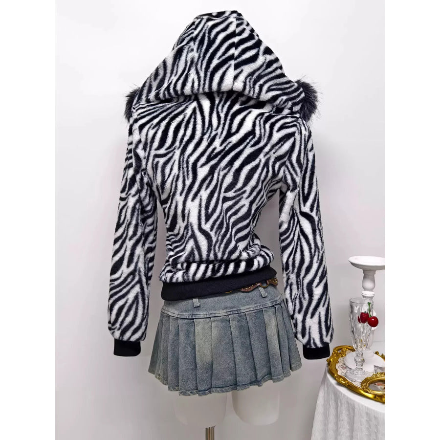 Zebra Faux Fur Hooded Zip-Up Outerwear Apparel and Accessories