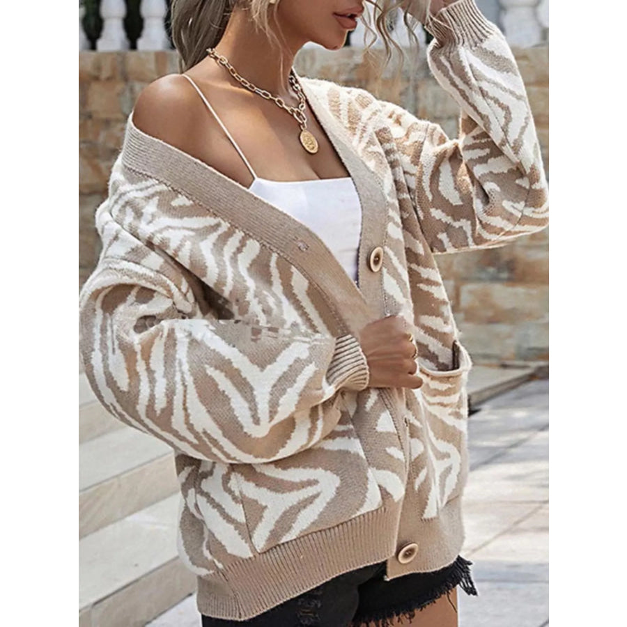 Zebra Print Button Up Cardigan Khaki / S Apparel and Accessories