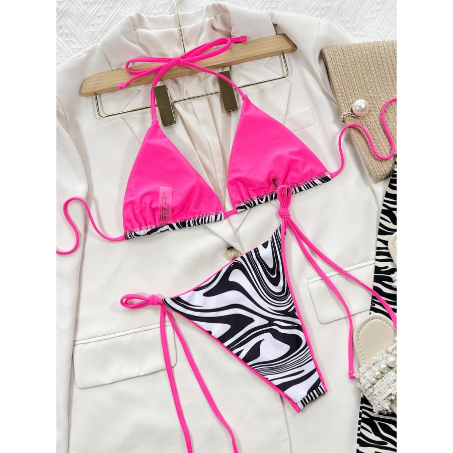 Zebra Print Halter Neck Tie Side Bikini Set