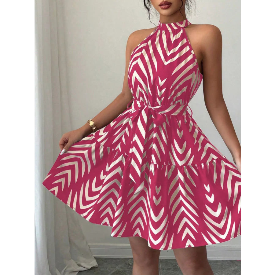 Zebra Print Halter Neck Tie Waist Ruffle Hem Dress Apparel and Accessories