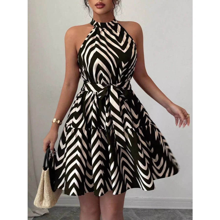 Zebra Print Halter Neck Tie Waist Ruffle Hem Dress Apparel and Accessories