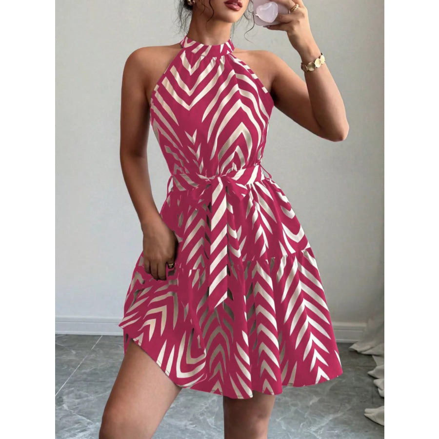 Zebra Print Halter Neck Tie Waist Ruffle Hem Dress Apparel and Accessories