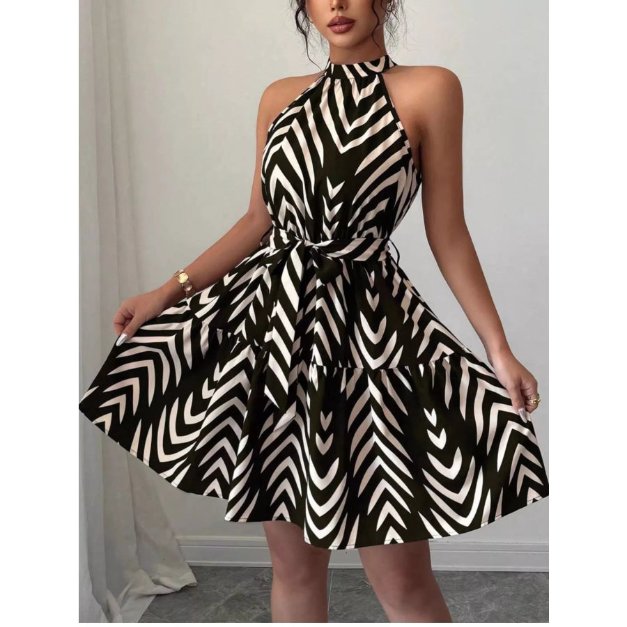 Zebra Print Halter Neck Tie Waist Ruffle Hem Dress Apparel and Accessories