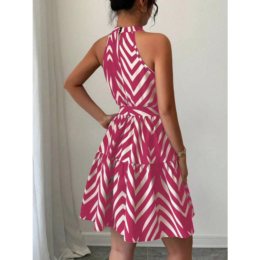 Zebra Print Halter Neck Tie Waist Ruffle Hem Dress Apparel and Accessories