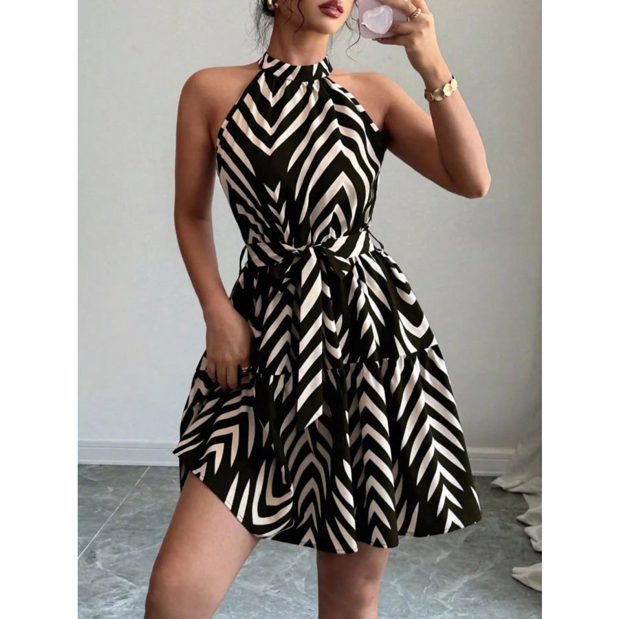 Zebra Print Halter Neck Tie Waist Ruffle Hem Dress Apparel and Accessories