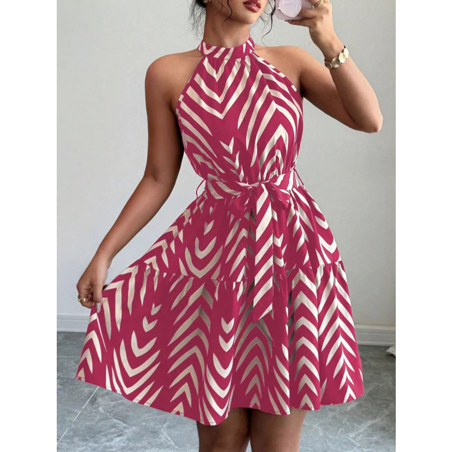 Zebra Print Halter Neck Tie Waist Ruffle Hem Dress Apparel and Accessories