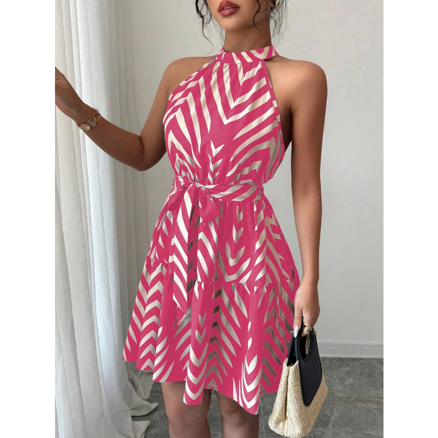 Zebra Print Halter Neck Tie Waist Ruffle Hem Dress Apparel and Accessories