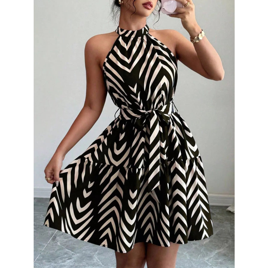 Zebra Print Halter Neck Tie Waist Ruffle Hem Dress Apparel and Accessories