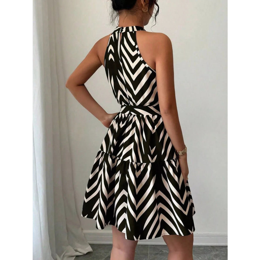 Zebra Print Halter Neck Tie Waist Ruffle Hem Dress Apparel and Accessories