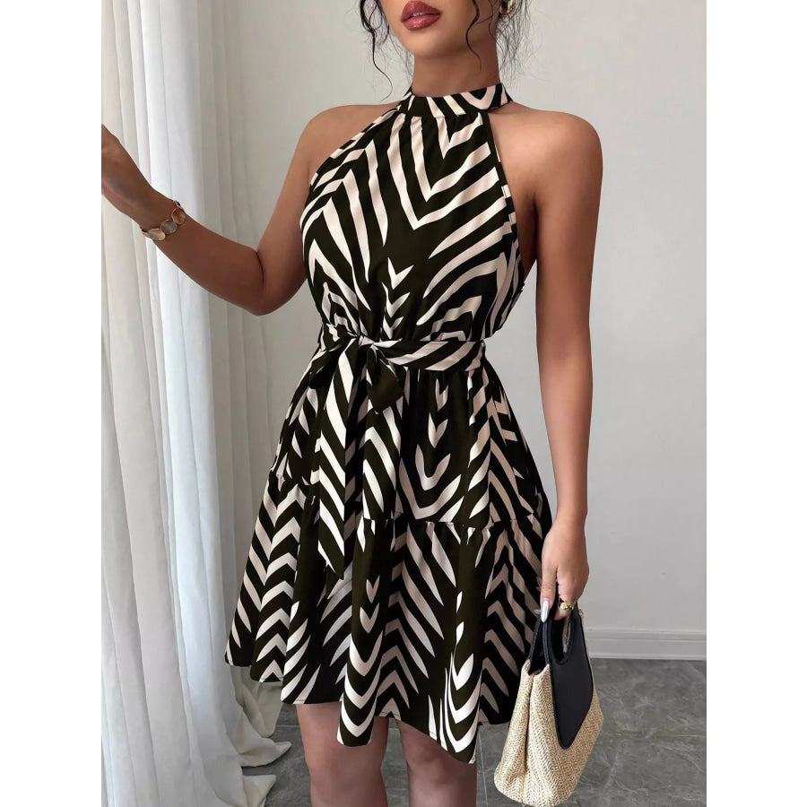 Zebra Print Halter Neck Tie Waist Ruffle Hem Dress Black / S Apparel and Accessories