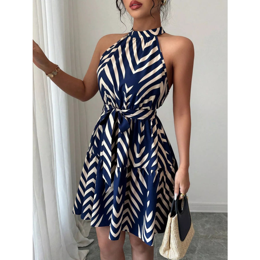 Zebra Print Halter Neck Tie Waist Ruffle Hem Dress Blue / S Apparel and Accessories
