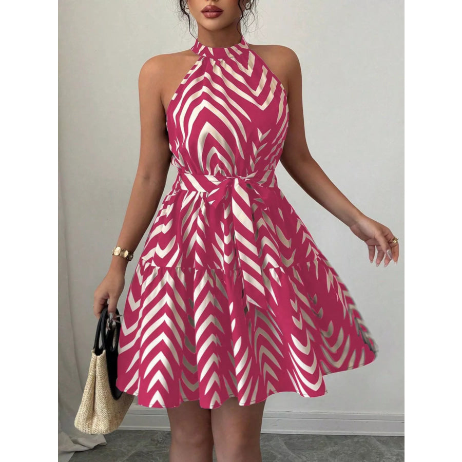 Zebra Print Halter Neck Tie Waist Ruffle Hem Dress Rose Red / S Apparel and Accessories
