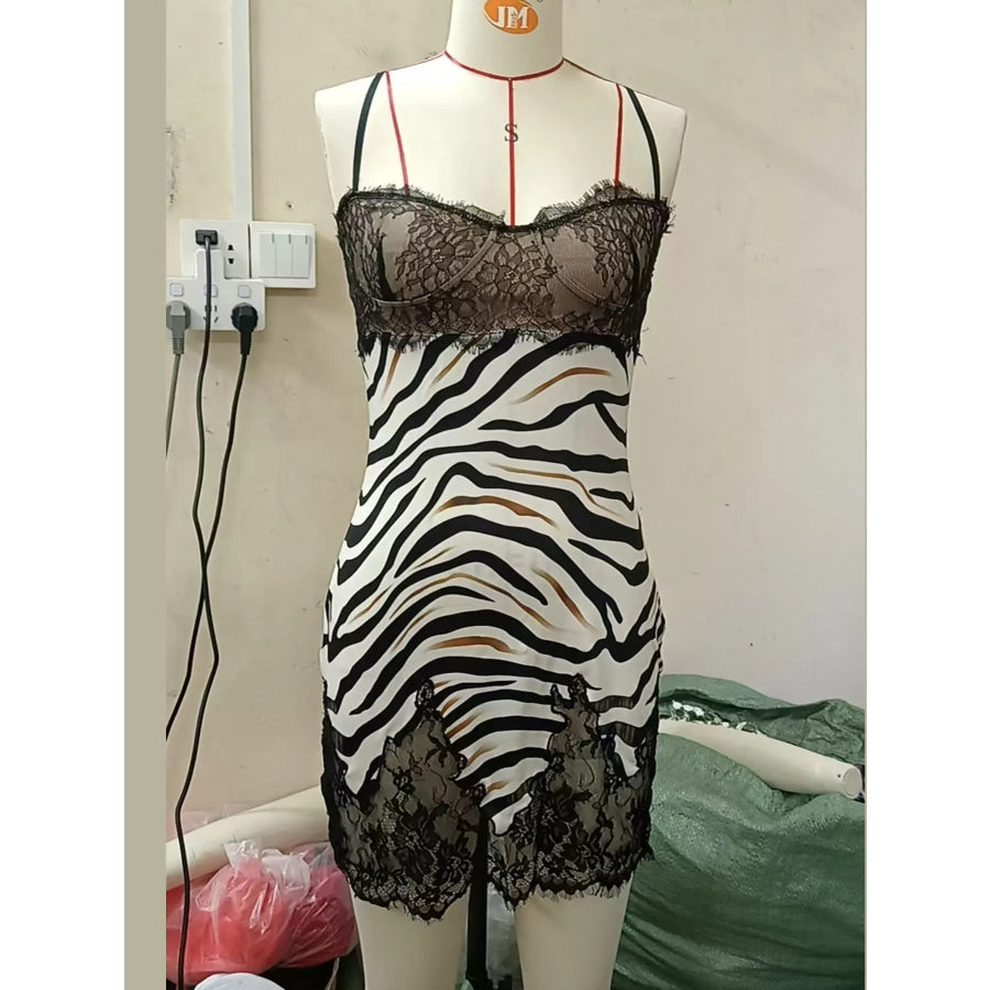 Zebra Print Lace Trim Spaghetti Strap Mini Dress Apparel and Accessories