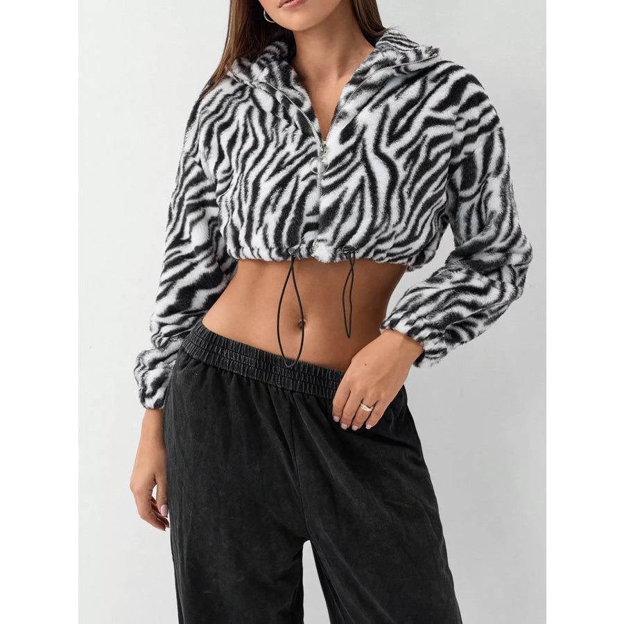Zebra Print Plush Cropped Jacket Black / S Apparel and Accessories