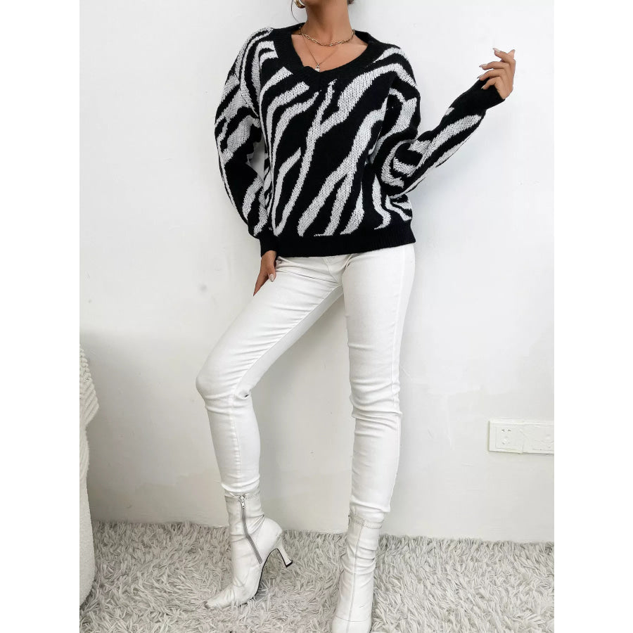 Zebra Print Relaxed Fit Pullover Sweater Apparel and Accessories