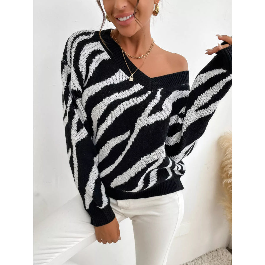 Zebra Print Relaxed Fit Pullover Sweater Apparel and Accessories