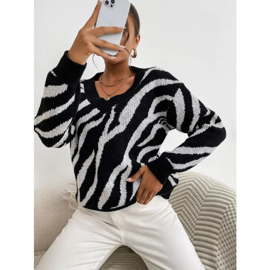 Zebra Print Relaxed Fit Pullover Sweater Apparel and Accessories