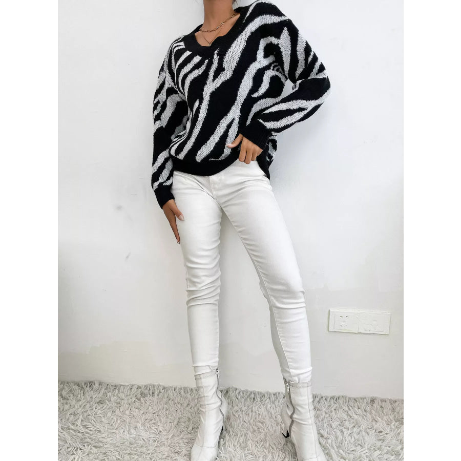 Zebra Print Relaxed Fit Pullover Sweater Apparel and Accessories