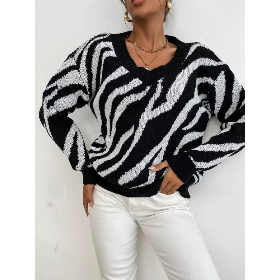 Zebra Print Relaxed Fit Pullover Sweater Apparel and Accessories