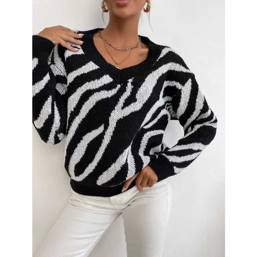 Zebra Print Relaxed Fit Pullover Sweater Apparel and Accessories