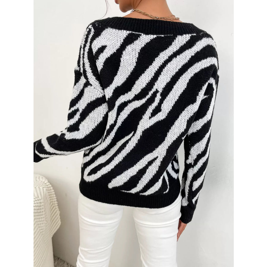 Zebra Print Relaxed Fit Pullover Sweater Apparel and Accessories