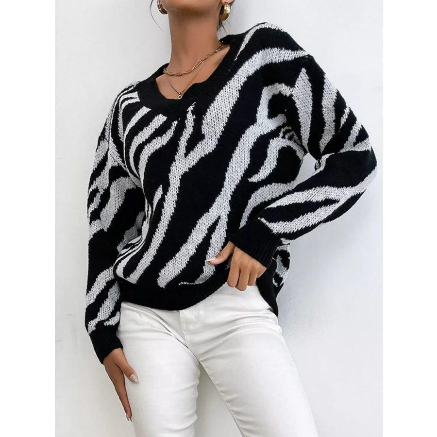 Zebra Print Relaxed Fit Pullover Sweater Black / S Apparel and Accessories