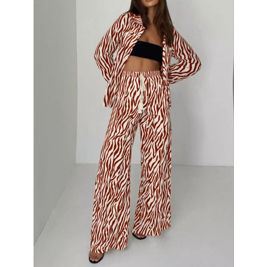 Zebra Print Relaxed Fit Top and Pants Two-Piece Set Brown / S Apparel and Accessories