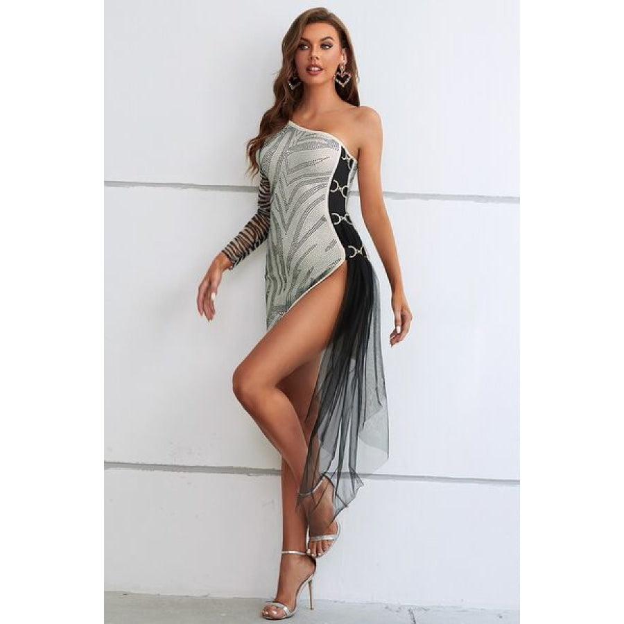 Zebra Print Rhinestone Slit Single Shoulder Dress Clothing