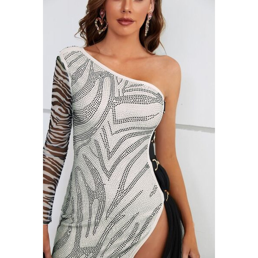 Zebra Print Rhinestone Slit Single Shoulder Dress Clothing