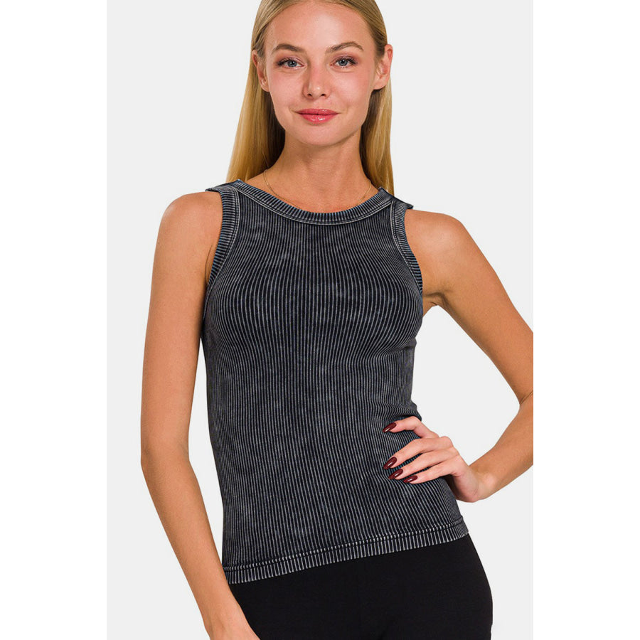 Zenana 2 Way Neckline Washed Ribbed Cropped Tank Black / S/M Shirts &amp; Tops