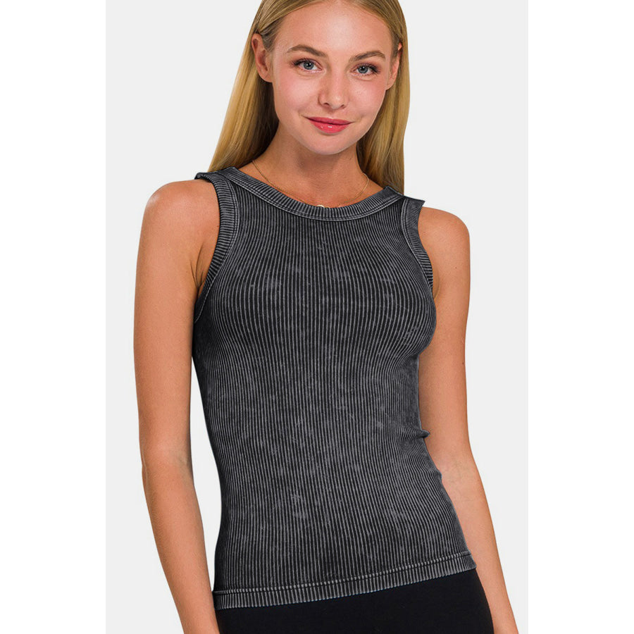 Zenana 2 Way Neckline Washed Ribbed Cropped Tank Shirts &amp; Tops