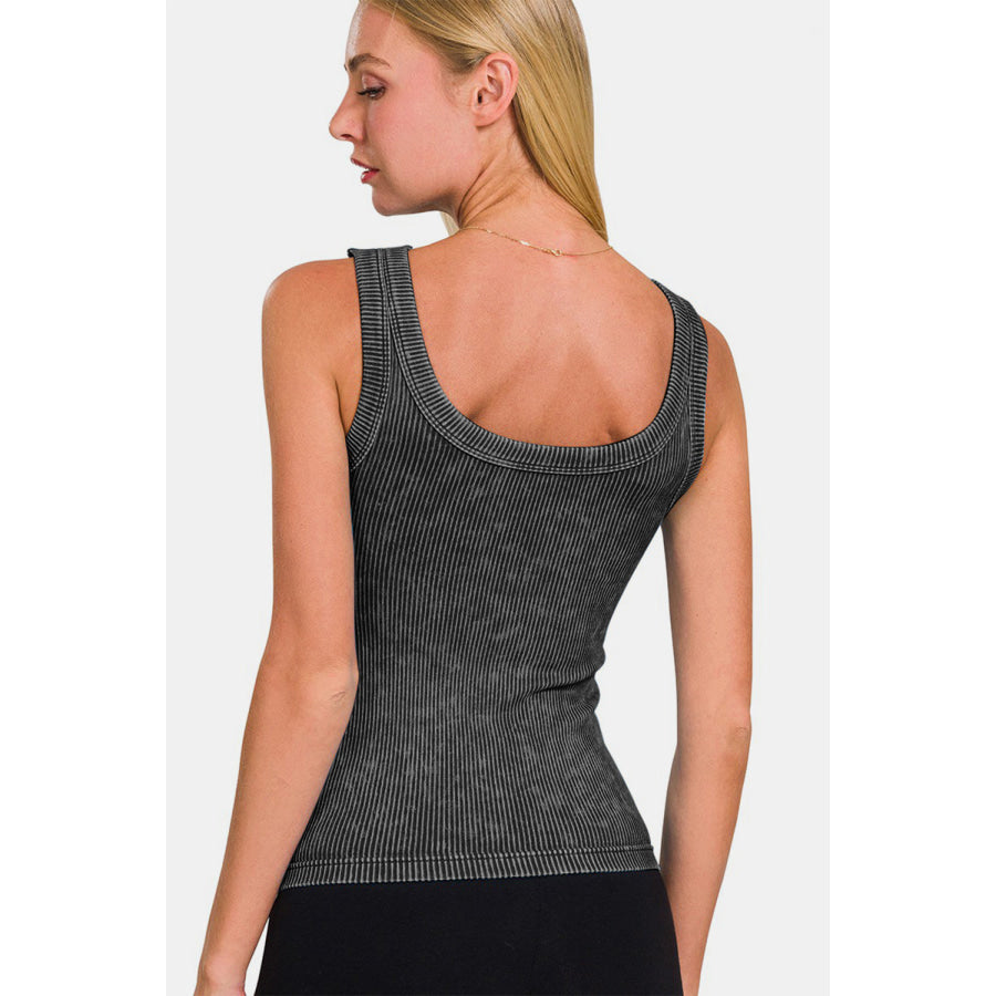 Zenana 2 Way Neckline Washed Ribbed Cropped Tank Shirts &amp; Tops