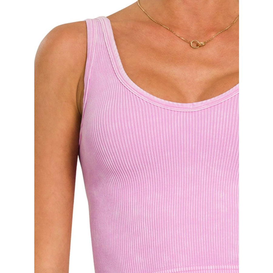 Zenana 2 Way Neckline Washed Ribbed Seamless Tank Top Apparel and Accessories