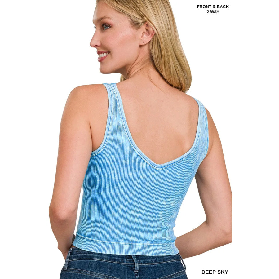 Zenana 2 Way Neckline Washed Ribbed Seamless Tank Top Apparel and Accessories